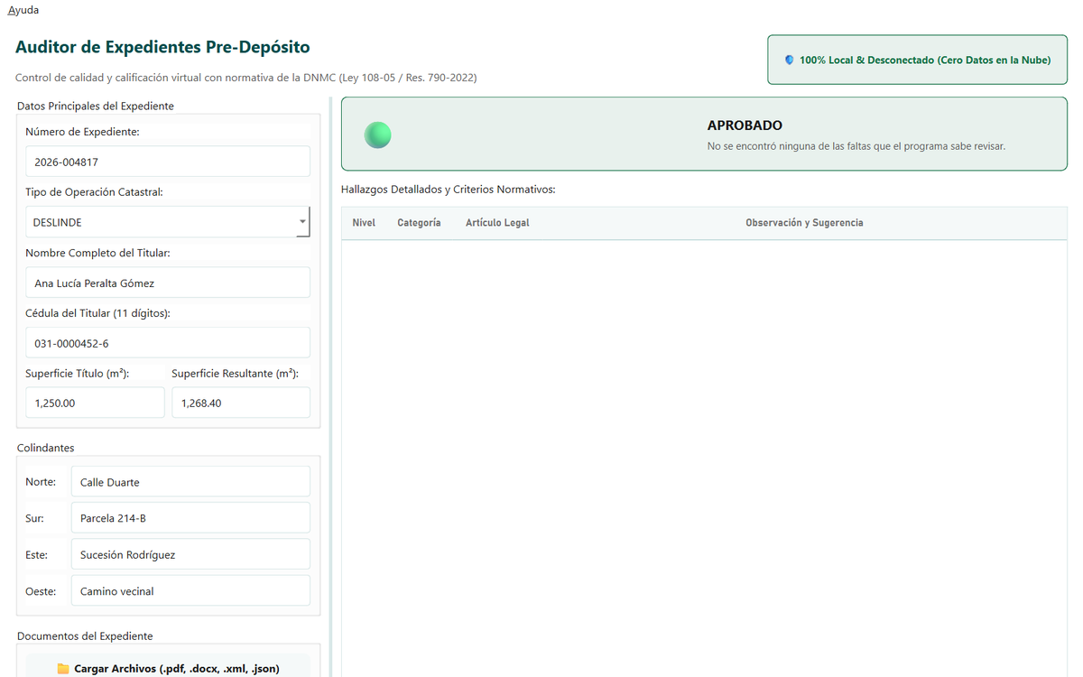 Deslinde de ejemplo con los datos leídos de los documentos y el dictamen en verde