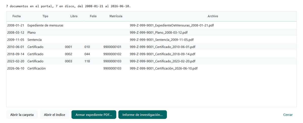 Ficha de una parcela de ejemplo con sus documentos en orden cronológico