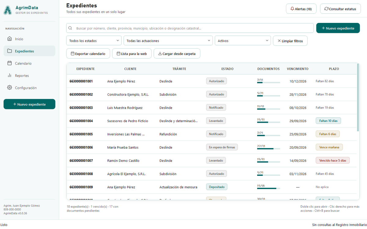 Lista de expedientes con su cliente, trámite, estado, vencimiento y plazo