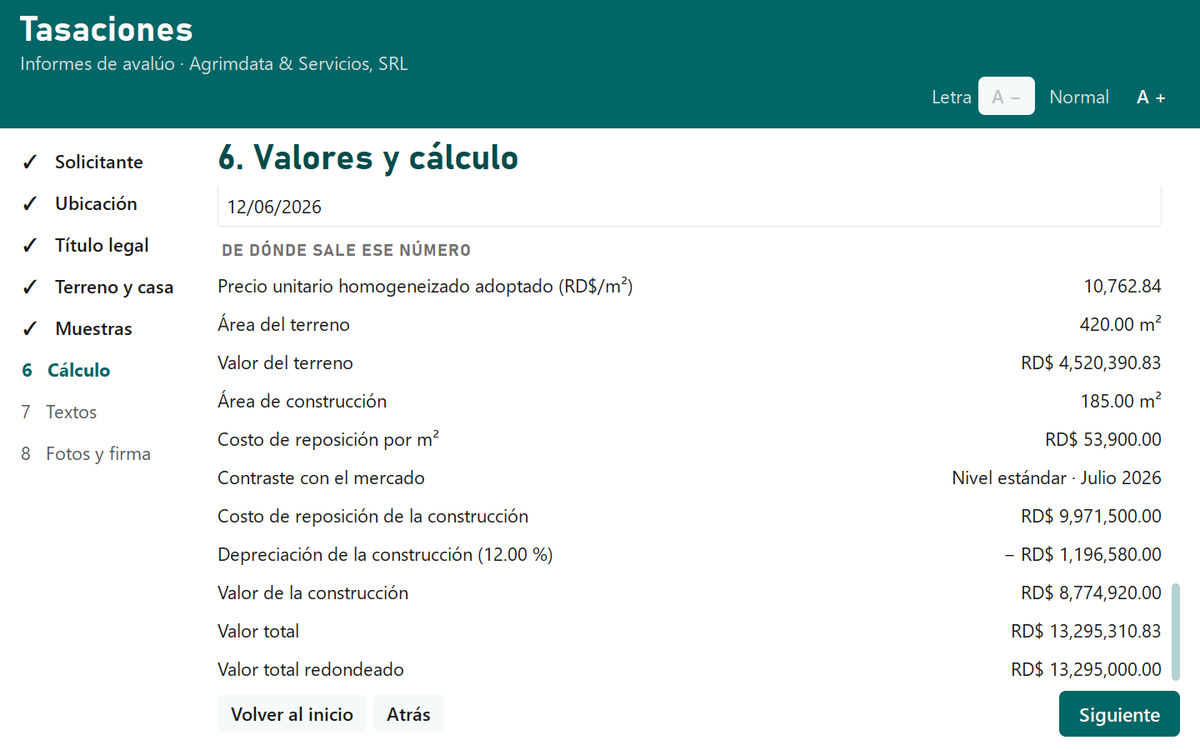 Paso de cálculo de una vivienda: terreno, reposición, depreciación y valor total redondeado