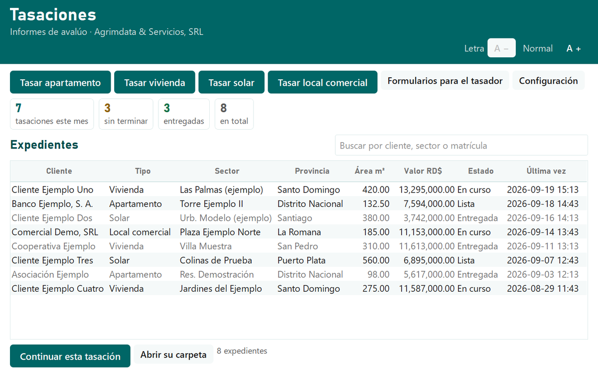 Pantalla de inicio con ocho tasaciones de ejemplo, su sector, área, valor y estado