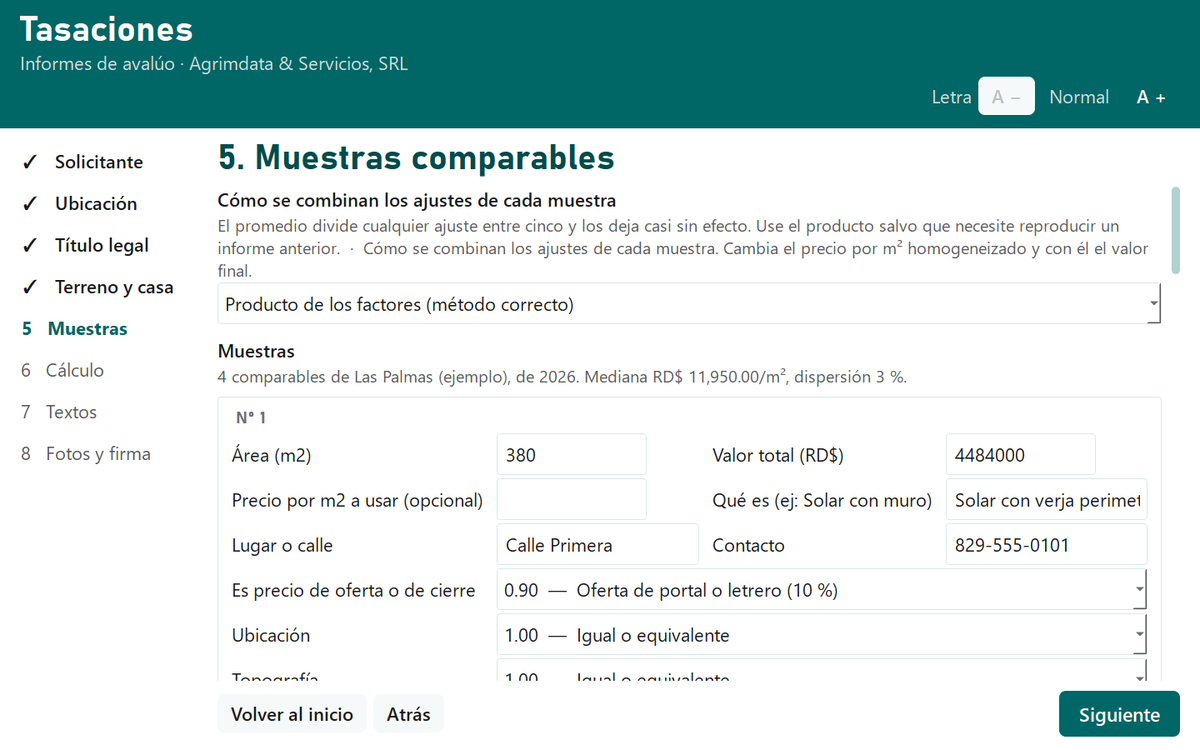 Paso de muestras comparables con la mediana por metro cuadrado y la dispersión